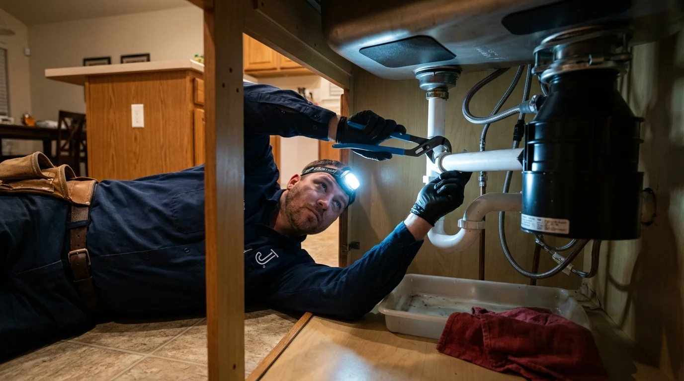 P-trap and supply line connections under a kitchen sink showing a common leak point in Waterford, NY